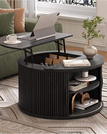 Round Coffee Table with Storage, 31.5" Drum Coffee Table with Lifting Top, Small Fluted Accent Center Table for Living Room, Black