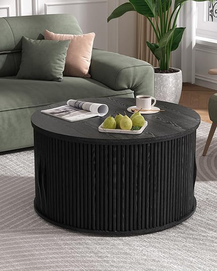 Round Coffee Table with Storage, 31.5" Drum Coffee Table with Lifting Top, Small Fluted Accent Center Table for Living Room, Black