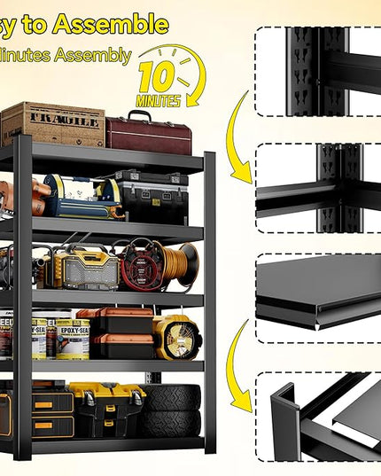 CJF Metal Storage Shelves, 5-Tier Garage Shelving Unit, Heavy Duty Adjustable Metal Shelving for Garage, Basement, Pantry, Warehouse-Black (71 "H x 36" W x 16" D)