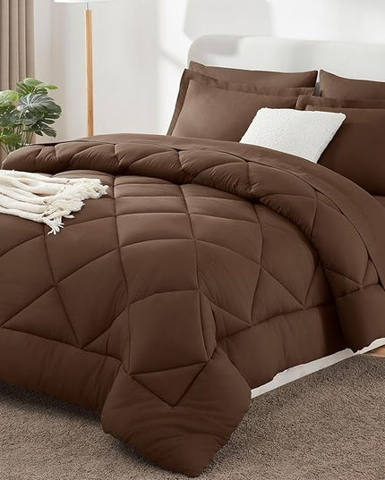 CozyLux Full Size Comforter Sets Brown - 7 Pieces Bed in a Bag Full, Luxury Soft Bed Set for All Seasons, Bedding Set with Down Alternative Comforter, Sheets, Pillowcases & Shams