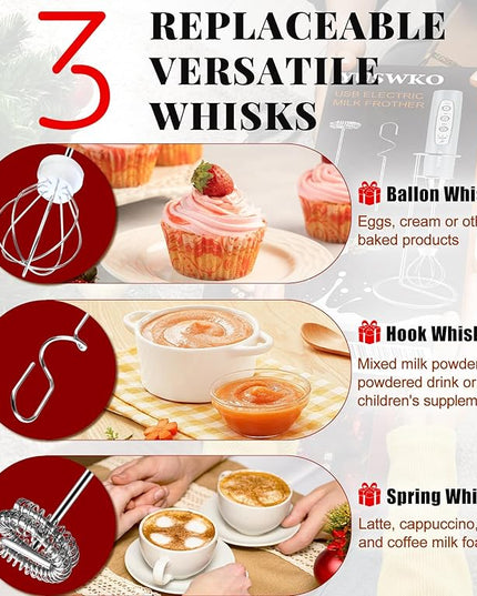 YUSWKO Rechargeable Milk Frother for Coffee, Handheld Drink Mixer with 3 Heads 3 Speeds, Ideal Electric Stirrers for Travel