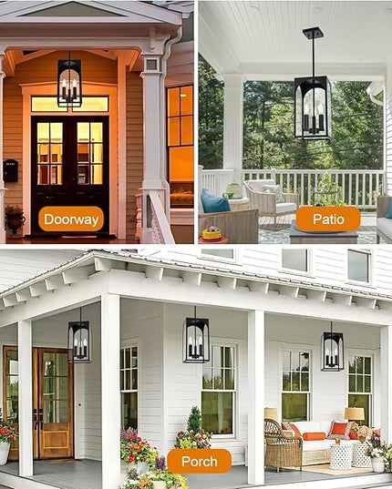 VINLUZ 3 Lights E12 Outdoor Pendant Lighting Fixture in Black Finish Finish, Farmhouse Hanging Lantern Chandelier with Clear Glass Shade for Porch Entryway Hallway