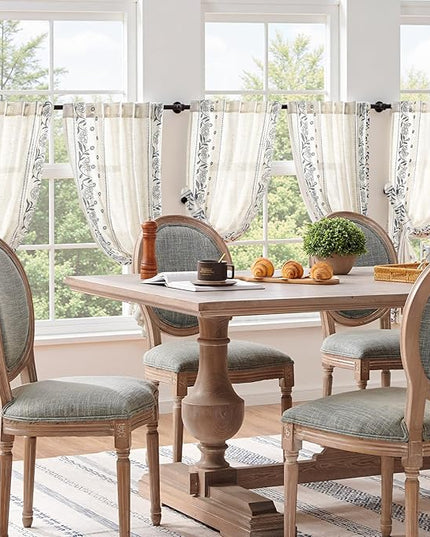 jinchan Winslow Linen Curtains 45 Inch Length Small Window Curtains Embroidered Bordered Floral Drapes Light Filtering for Bathroom Laundry Room Kitchen Farmhouse Decor Blue on Beige 2 Panels