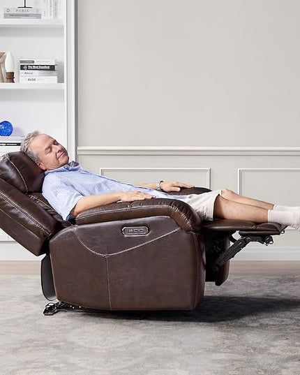 Watson & Whitely Genuine Leather Power Recliner Chairs for Adults, Wall Hugger RV Recliner with Power Headrest & Charging Ports, Electric Recliner Sofa Chair for Living Room, Dark Brown