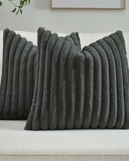 FUTEI Dark Grey Throw Pillow Covers Set of 2, 22x22 Inch Striped Texture Cushion Cases with Soft Faux Rabbit Fur Front & Velvet Back, Modern Decorative Couch Pillows for Living Room