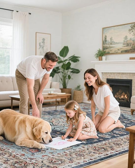 Dining Room Rugs for Under Table - Washable 6x8 Area Rug for Living Room Bedroom Soft Low Pile Non Slip Stain Resistant Carpet - Perfect for Homes with Pets & Kids (Blue/Teal/Orange, 6x8)