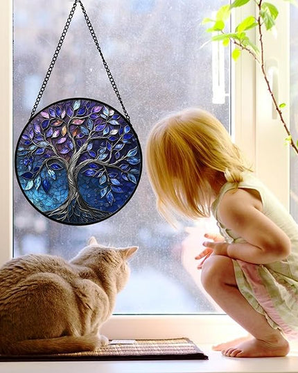 Stained Glass Window Hanging, Blue Purple Tree of Life Sun Catchers Colorful Glass Panel Plants Suncatcher Decor for Birthday for Women,Men,Wife, Lovers, and Mom 7.8 in