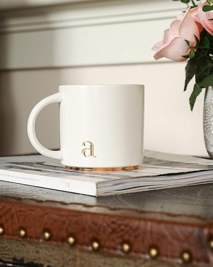 COLLECTIVE HOME - Monogram Ceramic Mugs, 15 oz Golden Initial Coffee Cups, Elegant Alphabet Tea Mugs, Elegant Personalized Mug with Gift Box, Luxurious Cups for Office and Home (a)