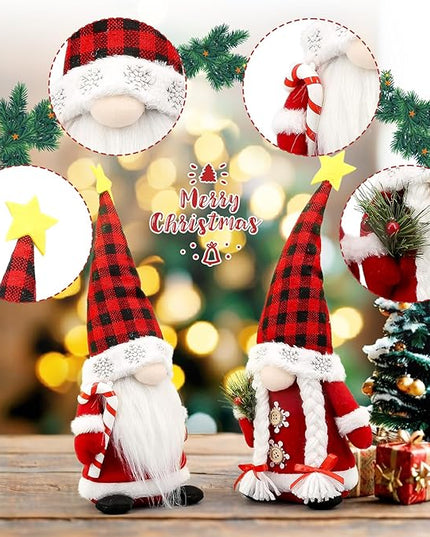 Lovinland Christmas Gnomes Plush Couple with Red Buffalo Check - Xmas Gnomes Elf Tomte Ornaments Doll - Christmas Decorations - Xmas Decorations for Home, Indoor, Office