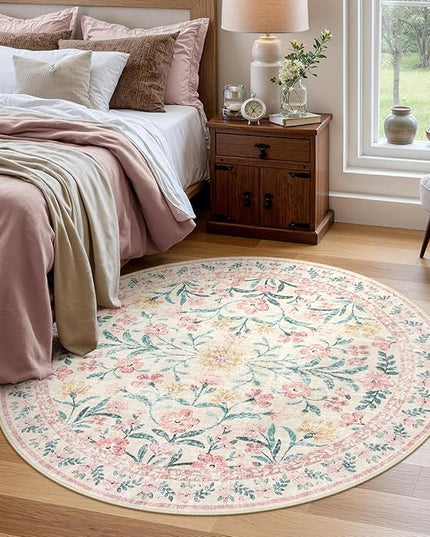 Wonnitar Pink Floral Round Rugs 5ft, Soft Circle Rug Non Slip Washable Round Carpet, Boho Non-Shedding Flower Distressed Circle Carpets for Bedroom Girls Room Nursery