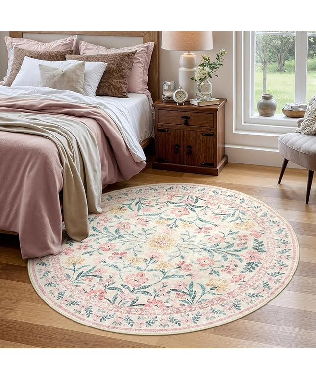 Wonnitar Pink Floral Round Rugs 5ft, Soft Circle Rug Non Slip Washable Round Carpet, Boho Non-Shedding Flower Distressed Circle Carpets for Bedroom Girls Room Nursery