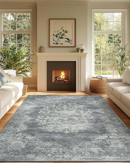 jinchan Washable Area Rug 6x9 for Living Room - Soft Faux Wool Ultra-Thin Stain Resistant Non-Slip Distressed Vintage Floral Rug Large Carpet for Bedroom Dining Room Home Office Nursery(Grey, 6'x9')
