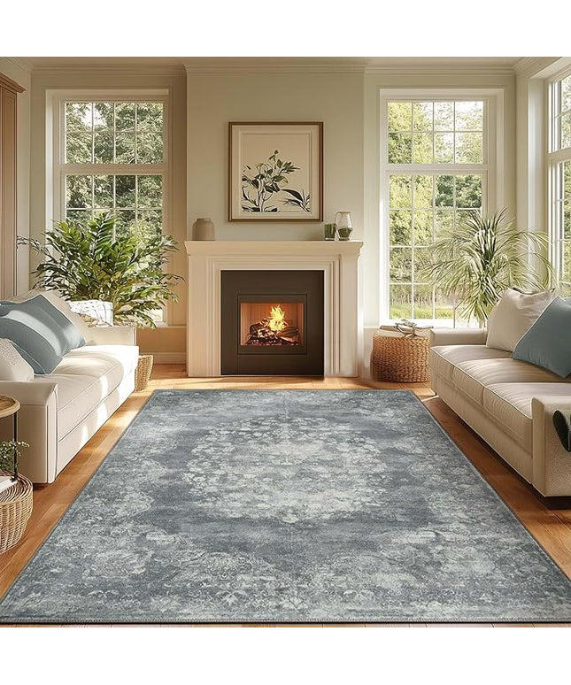 jinchan Washable Area Rug 8x10 for Living Room - Soft Faux Wool Ultra-Thin Stain Resistant Non-Slip Distressed Vintage Floral Large Carpet for Bedroom,Dining Room,Home Office,Nursery(Grey, 8'x10')