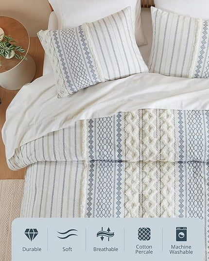INK+IVY 100% Cotton Duvet Mid Century Modern Design, All Season Comforter Cover Bedding Set, Matching Shams, Full/Queen, Imani Chenille Navy