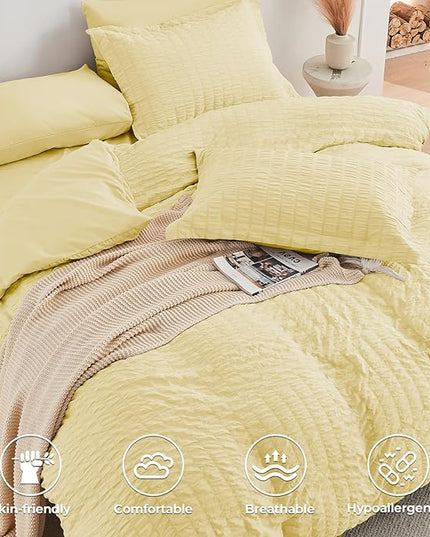 HYMOKEGE Yellow Twin Comforter Set Seersucker 5 Pieces, All Season Luxury Bed in a Bag for Bedroom, Bedding Set with Comforter, Sheets, Pillowcase & Sham