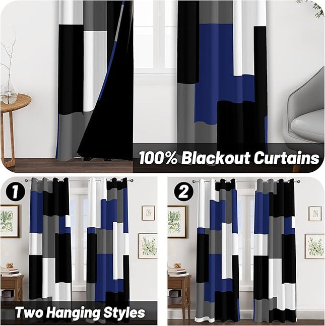 Navy Blue Grey 100% Blackout Curtains for Bedroom 63 inch Long 2 Panels Set Gray Modern Abstract Geometric Black Out Curtains Insulated Room Darkening Window Drapes for Living Room, 52Wx63L
