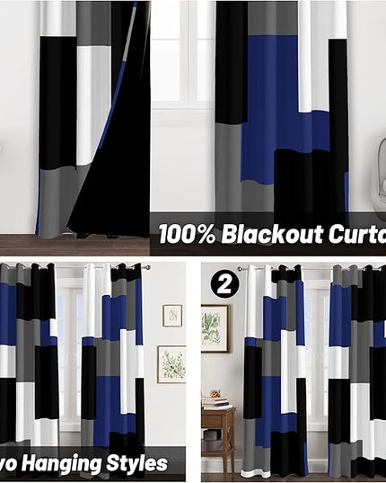 Navy Blue Grey 100% Blackout Curtains for Bedroom 84 inch Long 2 Panels Set Gray Modern Abstract Geometric Black Out Curtains Insulated Room Darkening Window Drapes for Living Room, 52Wx84L