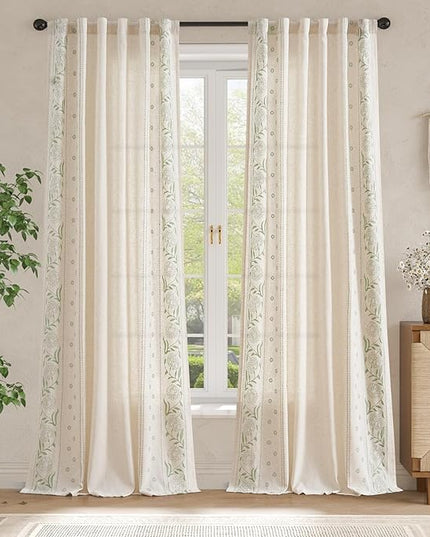 jinchan Winslow 4 Panel Curtains Set 96 Inch Length Embroidered Bordered Floral Curtains for Living Room Farmhouse Decor Light Filtering Window Treatments Sage on Beige Drapes 4 Panels