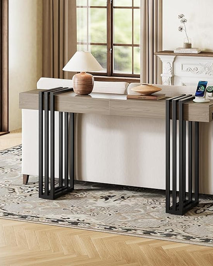 63" Long Console Table for Entryway - Behind Couch Table for Living Room, Wood Sofa Tables with Black Parallel Metal Frame & Power Outlet for Hallway, Entrance, Narrow Foyer, Light Walnut