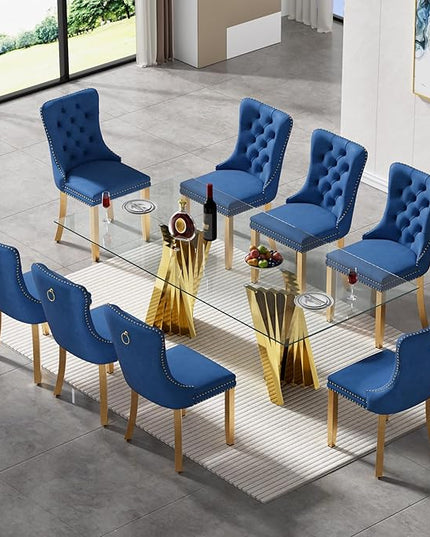 9 Piece Glass Dining Table Set,70" Dinner Room Glass Table Set for 8,Modern Kitchen Dinner Table Set with Stainless Steel Base and 8 Upholstered Velvet Dining Chairs for Living Dining Room