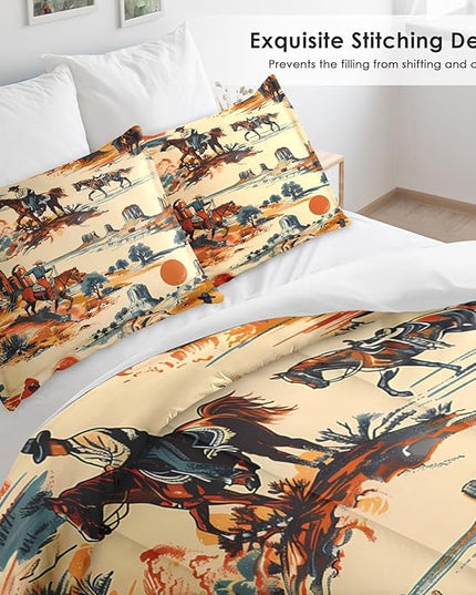 Comforter Set Full Size, Vintage Western Cowboy Soft 3 Pcs Bedding for Kids and Adults West Horse Desert Comforter Set with 2 Pillowcases for Bedroom Bed Decor