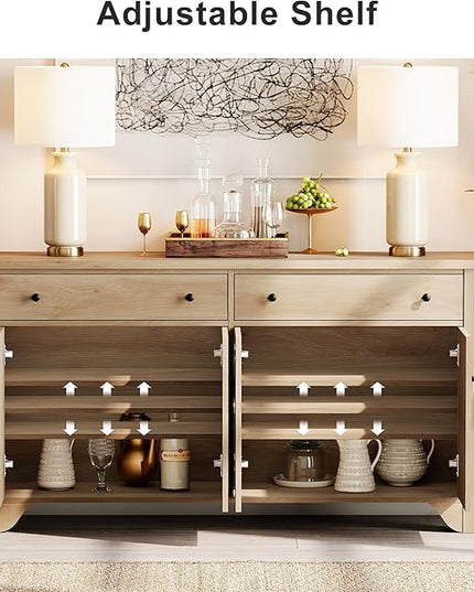 WAMPAT Buffet Cabinet with 4 Doors and 2 Drawers, 59" W Farmhouse Sideboard Cabinet with Storage, Wood Kitchen Storage Cabinets Coffee Bar Table for Dining Room & Living Room, Oak
