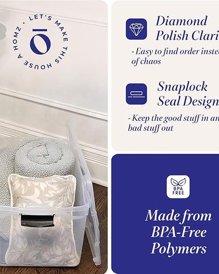 HOMZ 2-Pack Latching Lid, Large Clear Plastic Storage Bins with Lids, 66 Quart, Gray Latch - Stackable Container Boxes for Home, Bathroom, and Office Organization