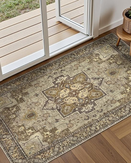 Ciicool Washable Vintage Area Rug, 2x4ft Boho Small Rug, Ultra Soft Rugs for Entryway, Non-Slip Entry Rugs Oriental Low-Pile Indoor Mat Floor Carpet for Entrance Bedroom Kitchen Bathroom Foyer Decor