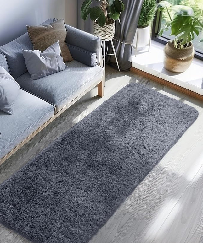 Ophanie Runner Rug for Hallway, 2x6 Upgrade Non-Slip Fluffy Soft Bedside Rugs, Bedroom Living Room Grey Shaggy Gray Carpet for Kids Girls Boys Dorm Nursery Home Decor Aesthetic