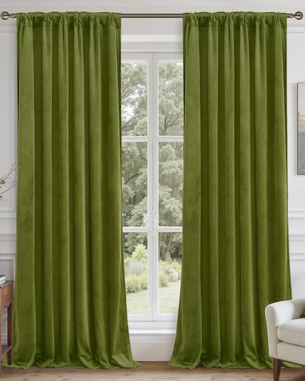LAMIT Velvet Curtains for Living Room 96 Inch, Vintage Blackout Thermal Insulated Panels Super Soft Back Tab and Rod Pocket Room Darkening Window Drapes for Bedroom, 2 Panels, Moss Green 52 x 96 Inch
