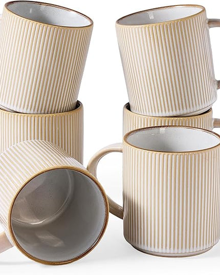 famiware Coffee Mug Set for 6, Star 16 oz Catering Mugs Cup Set with Handle for Coffee, Tea, Cocoa, Milk - Ceramic Stoneware Drinkware Set, Cappuccino White