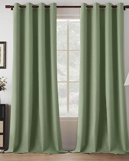 Sage Green 100% Blackout Curtains 95 Inches Long for Living Room, Thermal Insulated Lightweight Bedroom Linen Drapes, Room Darkening Grommet Curtains, Sage Green, W52 x L95, 2 Panels