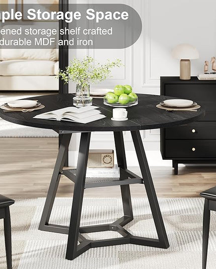 Round Dining Table for 4, Kitchen Tables Dining Room Circle Dinner Table with Pedestal Metal Frame, Space Saving Wood Industrial Kitchen & Dining Room Tables, Black 47In