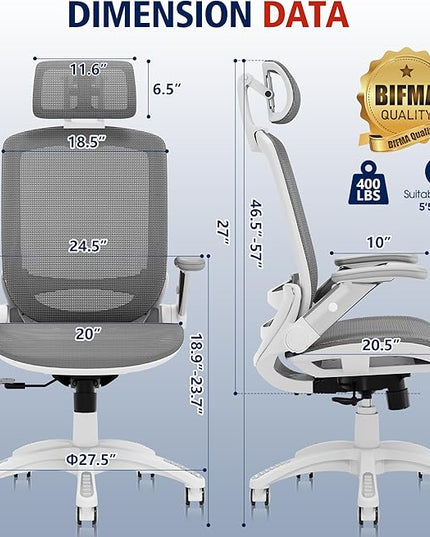 GABRYLLY Ergonomic Office Chair, High Back Home Desk Chair with Headrest, Flip-Up Arms, 90-120° Tilt Lock and Wide Cushion, 400LBS Mesh Chairs for Man Woman, White Task Chair(Dark Grey,GY01WDG)