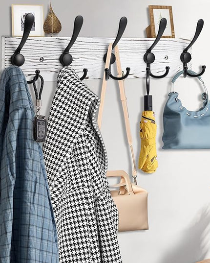 2pcs Coat Rack Wall Mount Wooden Hat Rack for Wall Hooks Pine Real Wood Plank 16.9" Old White Coat Hanger with 5 Black Triple Hooks for Hanging Coat Hat Jacket