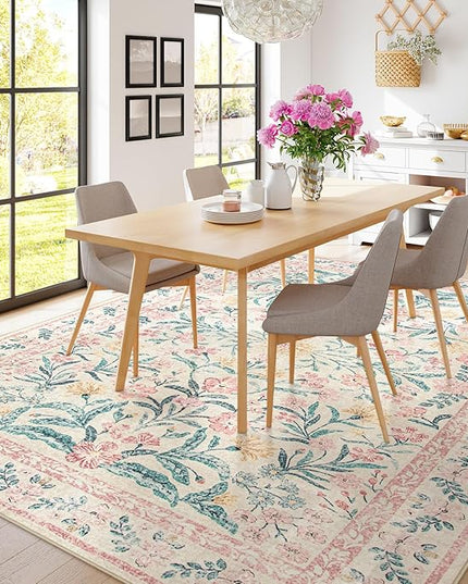 Wonnitar Floral Large Rugs for Living Room, Soft Light Pink Rug Washable 9x12 Carpet Non Slip, Boho Foldable Non-Shedding Kids Carpet for Bedroom Girls Nursery Dorm Playroom