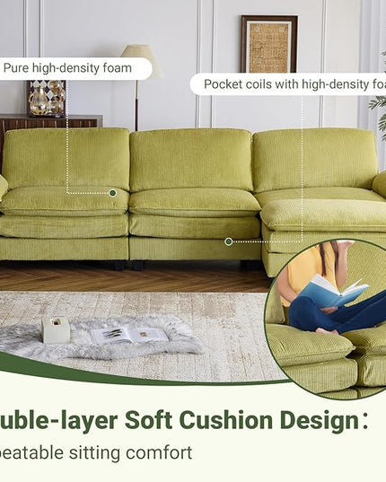 VINGLI 121" L Shape Sectional Couch, Convertible Sectional Couch for Small Living Room,Modern 3-Seat Convertible Loveseat Sofa with 1 Ottoman in Corduroy,Olive Green