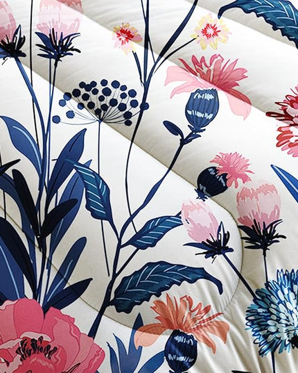 AILONEN Retro Flowers Comforter Set Twin Size, Watercolor Pink Blue Flowers Pattern Bedding Set,Spring Colorful Plants Theme Quilt Set Bedroom Decor 3Pcs(1 Comforter + 2 Pillowcases)