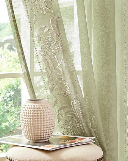jinchan Winslow Sage Sheer Curtains 84 Inch for Bedroom Living Room Embroidered Bordered Floral Nursery Curtains for Playroom Dorm Light Filtering, Ivory on Sage, 2 Panels, 50W x 84L