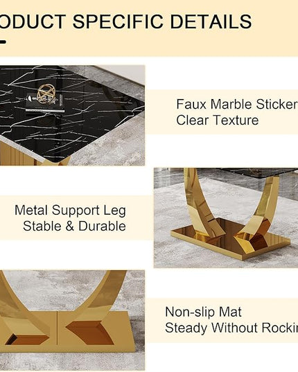 63” Dining Room Table Set for 6,Modern Gold Dining Table Set for 6 with PU Leather Chairs,Black Faux Marble Dinner Table Set with Tempered Glass Top and Golden Base