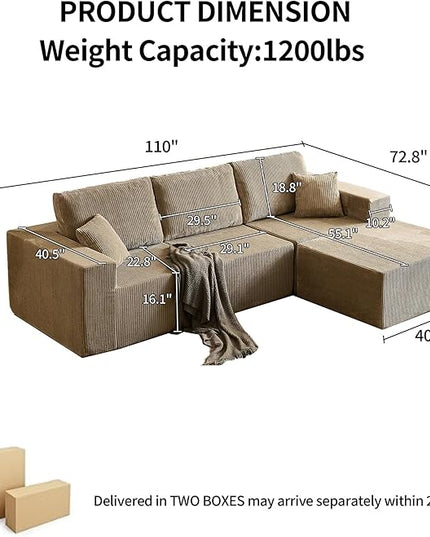 110" Boneless Cloud Sectional Couch for Living Room, Compressed Modular L-Shaped Sofa with Deep Seat, Frameless Corduroy Couch in Boxes, No Assembly Required 3-Seater (Left-Facing Chaise, Grey)