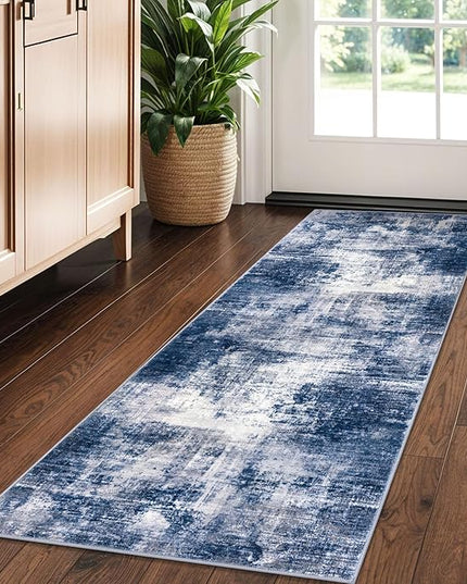IOHOUZE Abstract Runner Rug 2x5 Ft Washable Runners for Hallways, Non Slip Kitchen Runner Printed Faux Wool Entryway Runner Indoor, Modern Abstract Floor Carpet for Hall Kitchen Bedroom, Navy/Grey