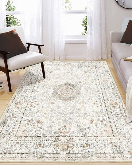Boho Rug 4'x6.5',Washable Area Rugs for Bedroom Living Room Kitchen Entryway,Small Vintage Bohemian Distressed Non Slip Carpet,Beige