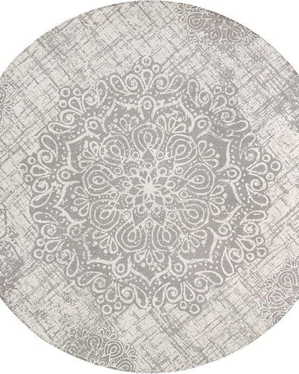 Lahome Medallion Round Rug - 5ft Machine Washable Round Bedroom Rugs Grey Non-Slip Throw Round Rugs for Living Room Vintage Distressed Circle Dinning Room Rug Large Round Carpet for Kitchen Office