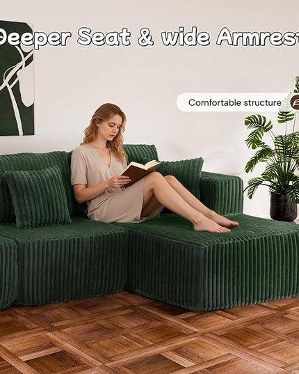 132" U Shaped Boneless Couch, Cloud Sectional Modular Sofa with Double Chaise Lounge, Corduroy Cloud Couch with Pillows & Deep Seat, Boneless Sofa for Living Room, Green