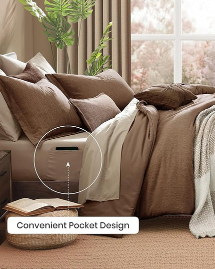 Monbix King Size Comforter Set, Brown King Bedding Set Reversible, King Comforter Set 7 Pieces, Cationic Dyeing Bed in a Bag with Comforter, Sheets, Pillowcases & Shams