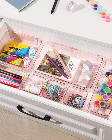 14 Pcs Adjustable Clear Drawer Organizer, Extendable Vanity Storage Bins, Desk Drawer Organizer Set for Makeup, Cosmetics, Bedroom, and Gadgets, Pink