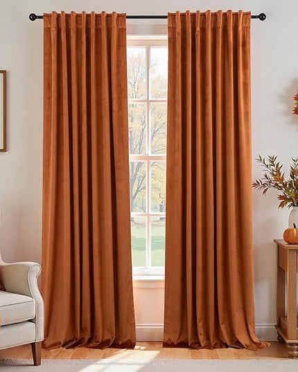 KOUFALL Burnt Orange Velvet Fall Blackout Curtains for Living Room,84 Inch Long Black Out Bohemian Retro Mid Century Modern Curtain Drapes for Dining Room Bedroom 84 in Length 2 Panels Set