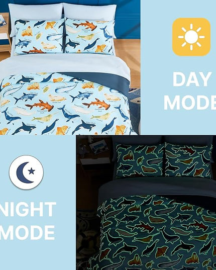 Full Size Comforter Set for Boys-7 Pieces Ocean Animals Glow in The Dark Full Bedding Sets for Kids, Ultra Soft Bed in A Bag with Sheets