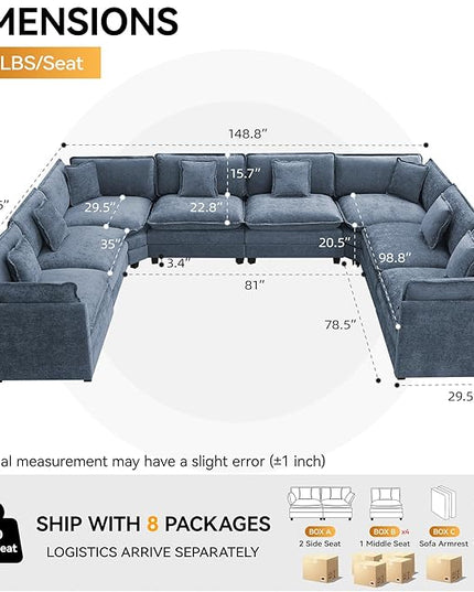 147'' Oversized U Shaped Cloud Sectional Sofa, Chenille Deep Seat Couches for Living Room, Comfy Upholstered Modular Sectional Sofa Couch, Blue